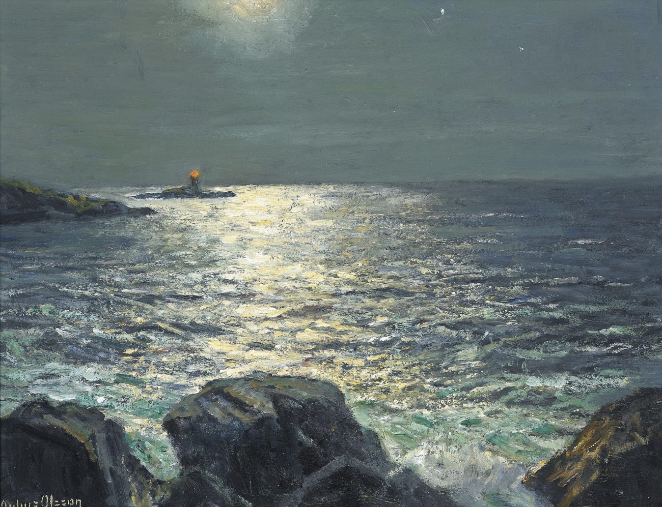 A lighthouse at dusk by Albert Julius Olsson